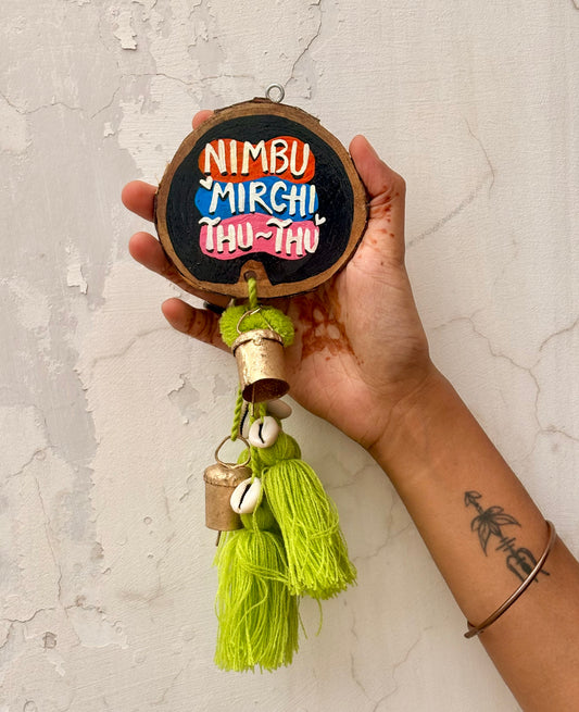 Nimbu Mirchi Thu Thu Door Charm - Neon Green (with Bells & Tassels)