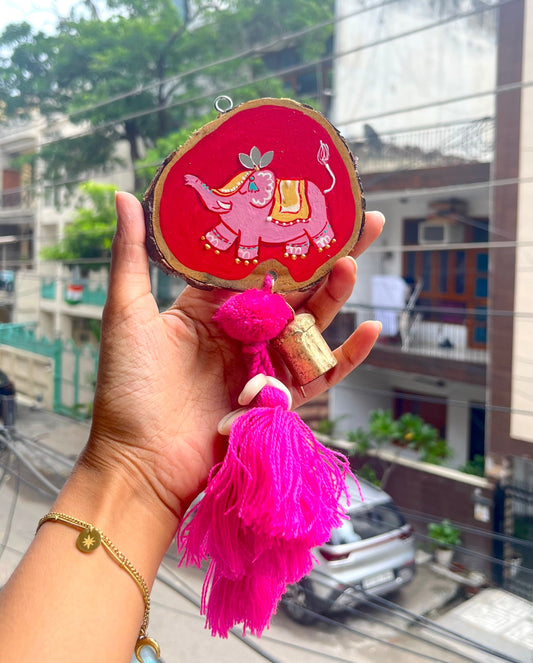 Elephant Door Charm with Bells and Tassels (Pink)